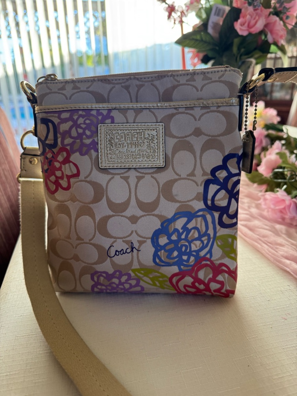 Coach Beige Signature Crossbody with Multicolor Floral Print